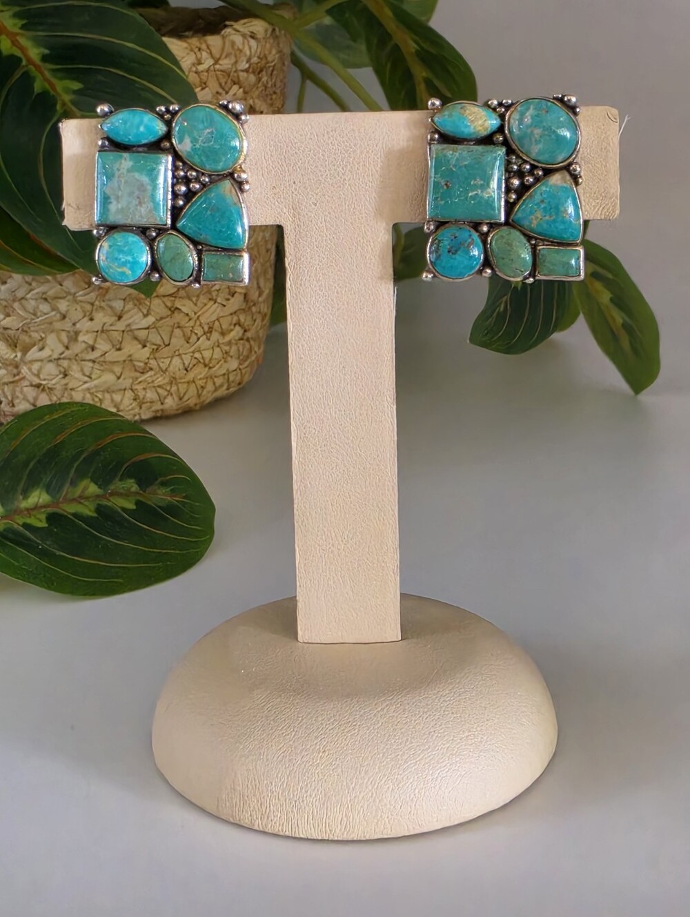 Sterling Silver & Turquoise Mosaic-Style Clip-On Earrings